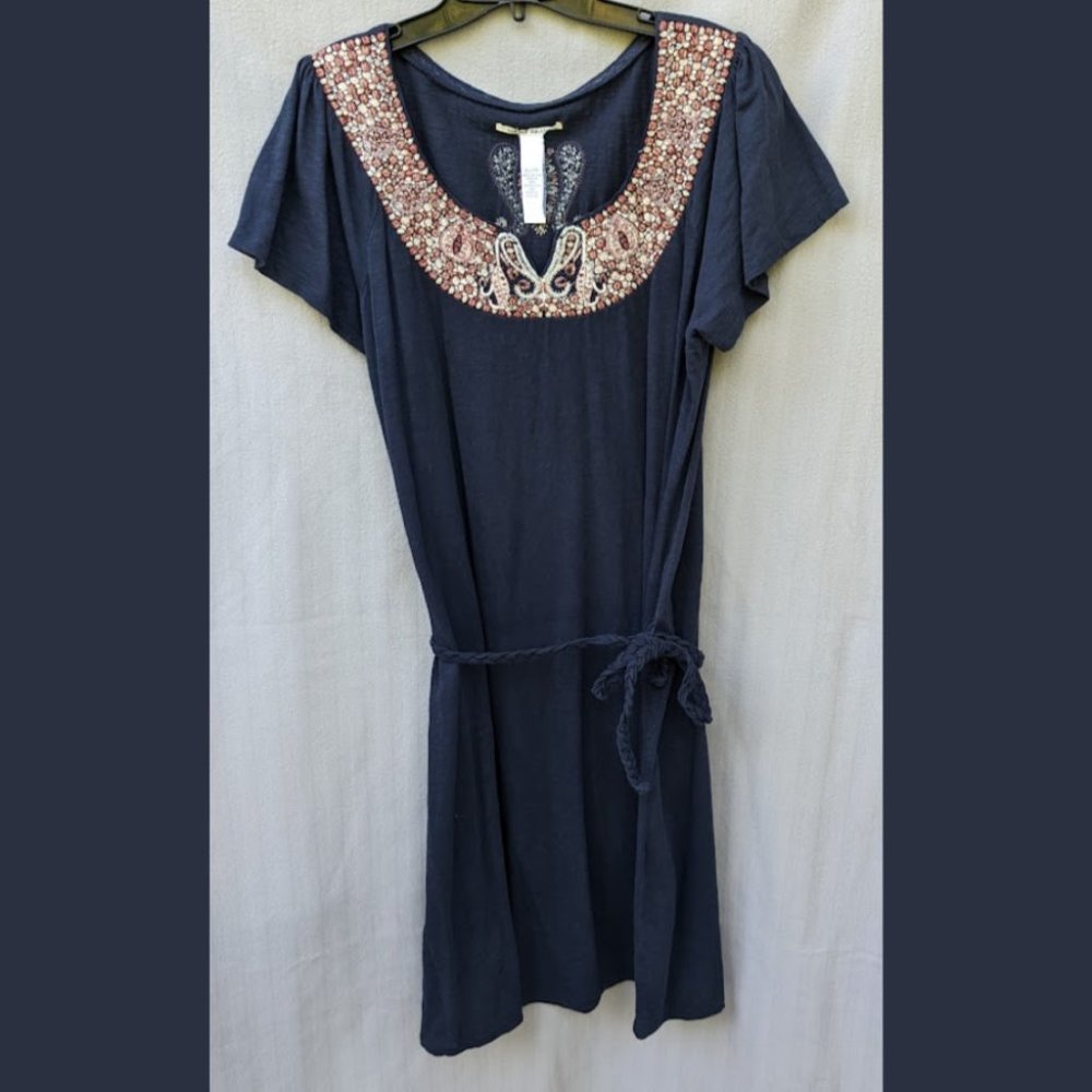 Lucky Brand Navy Embordered Dress with braided belt size XL